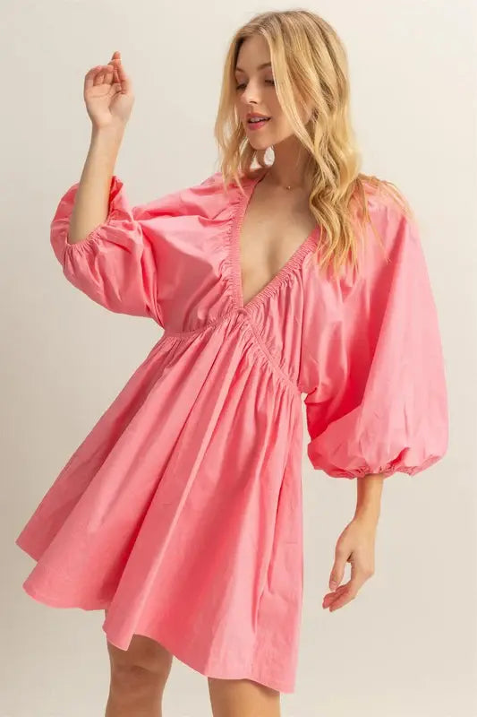 HYFVE Plunge Balloon Sleeve Poplin Mini Dress with Pockets - Trendsi - Flyclothing LLC