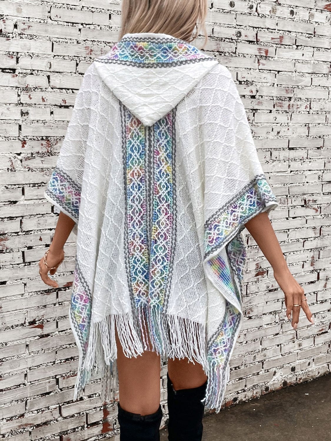 Fringe Half Sleeve Hooded Poncho - Trendsi