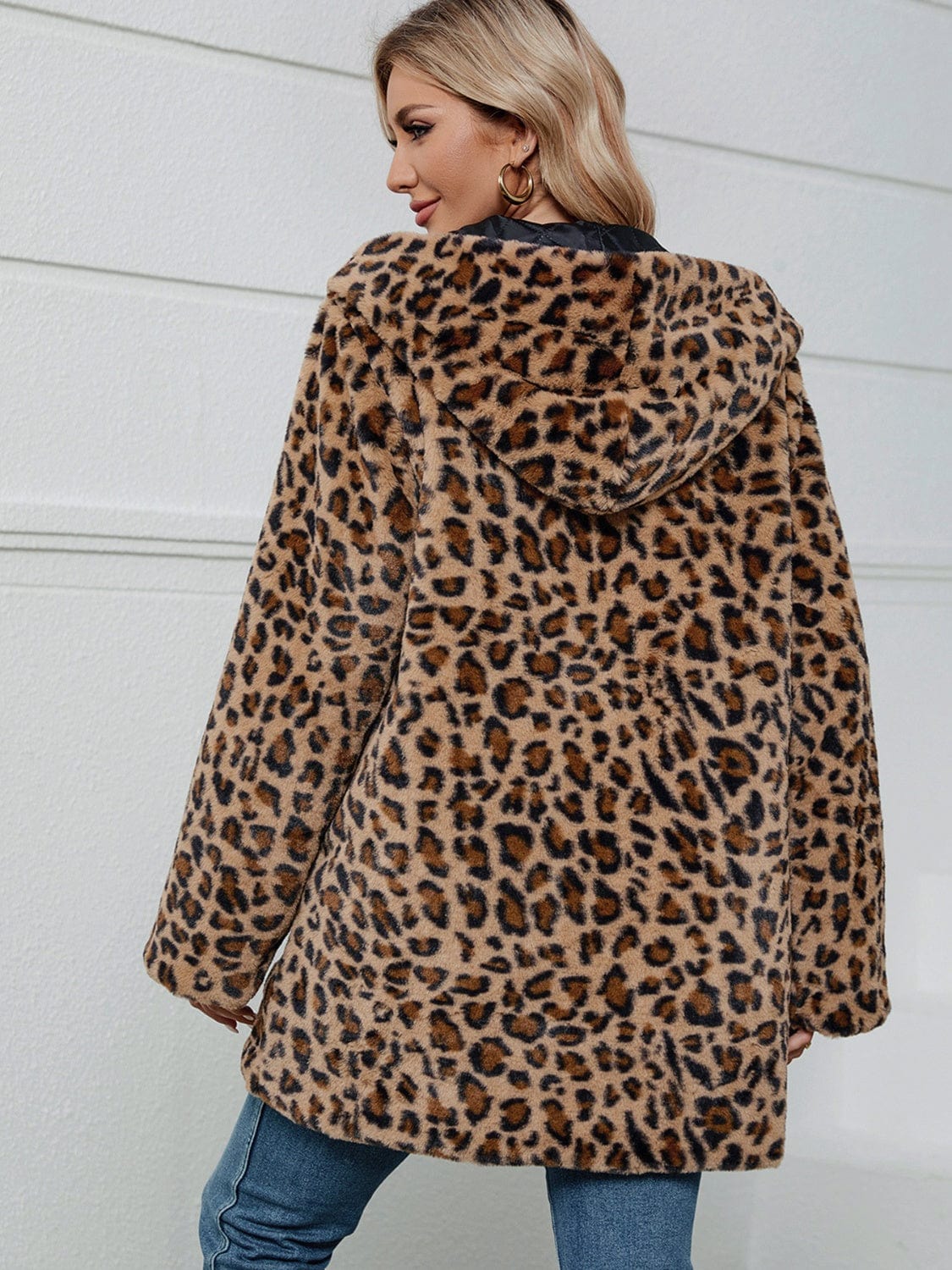 Fuzzy Leopard Hooded Long Sleeve Jacket - Trendsi
