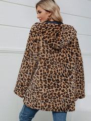 Fuzzy Leopard Hooded Long Sleeve Jacket - Trendsi