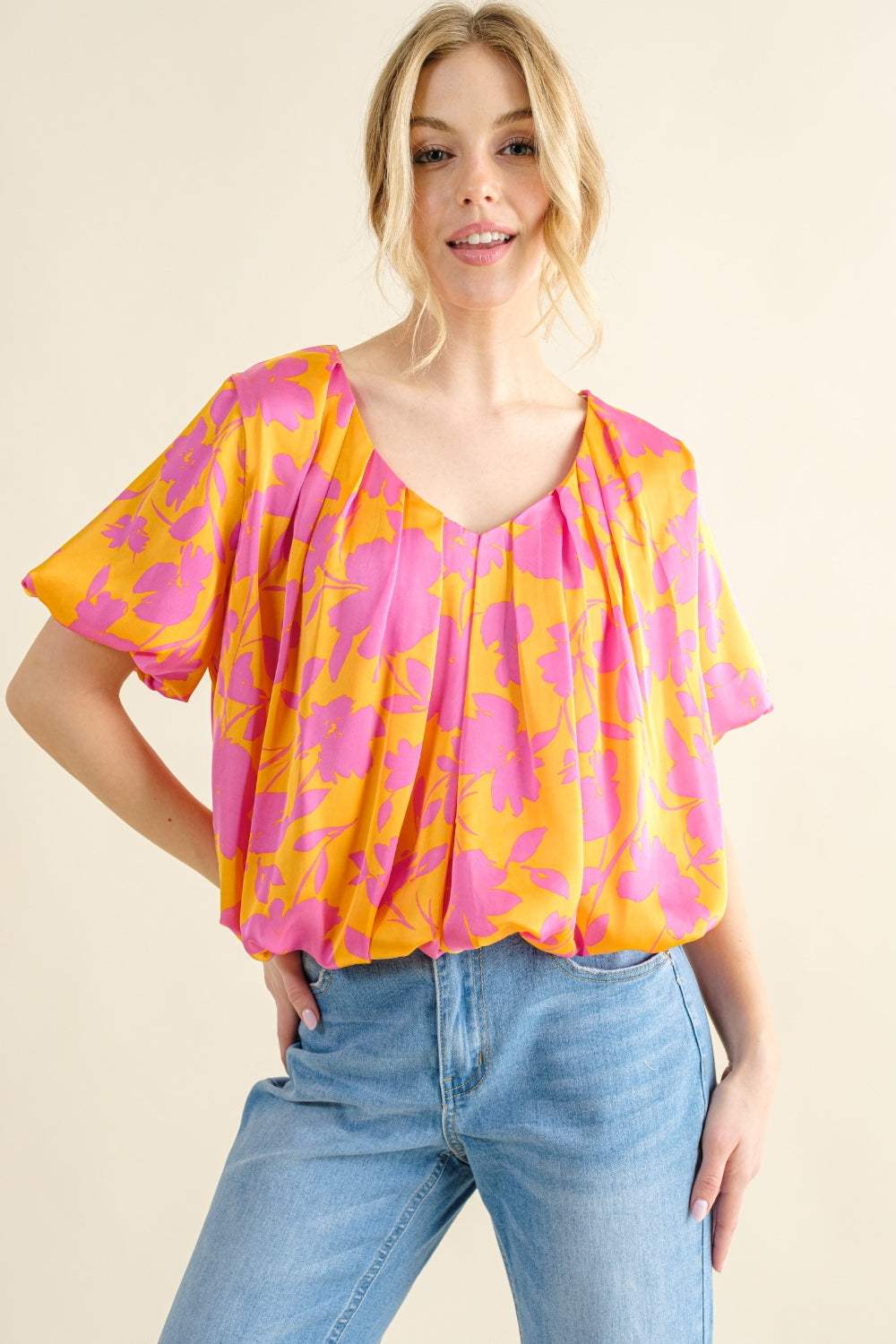 And The Why Full Size Printed Satin Bubble Hem Top - Trendsi - Flyclothing LLC