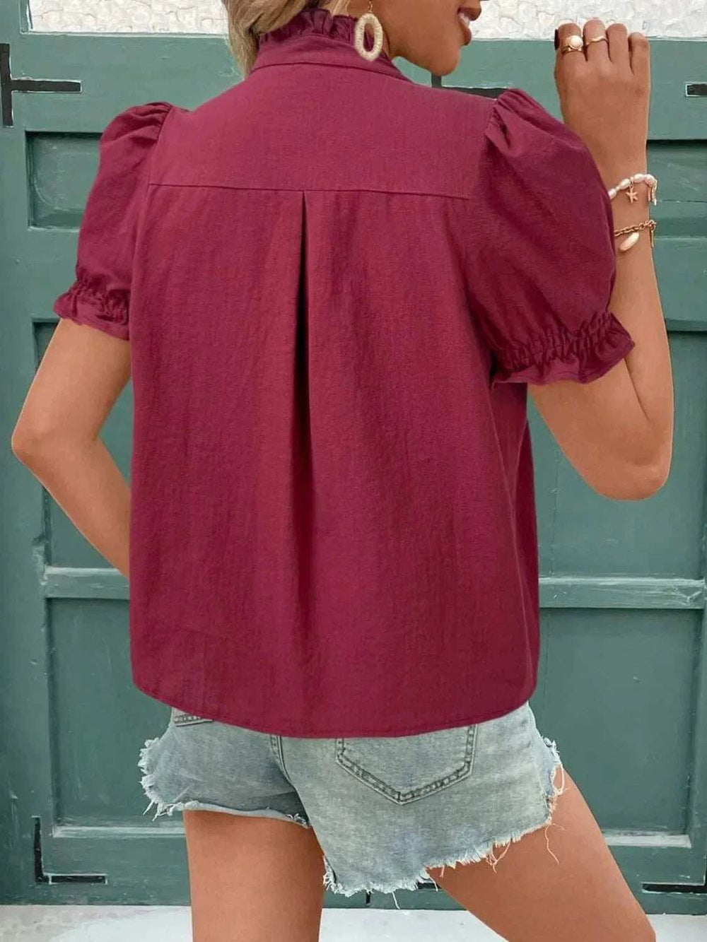 Embroidered Frill Notched Short Sleeve Blouse - Trendsi - Flyclothing LLC