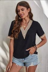 Full Size Lace Detail V-Neck Short Sleeve Blouse - Trendsi