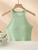 Ribbed Grecian Neck Cropped Tank with Chest Pads - Trendsi - Flyclothing LLC