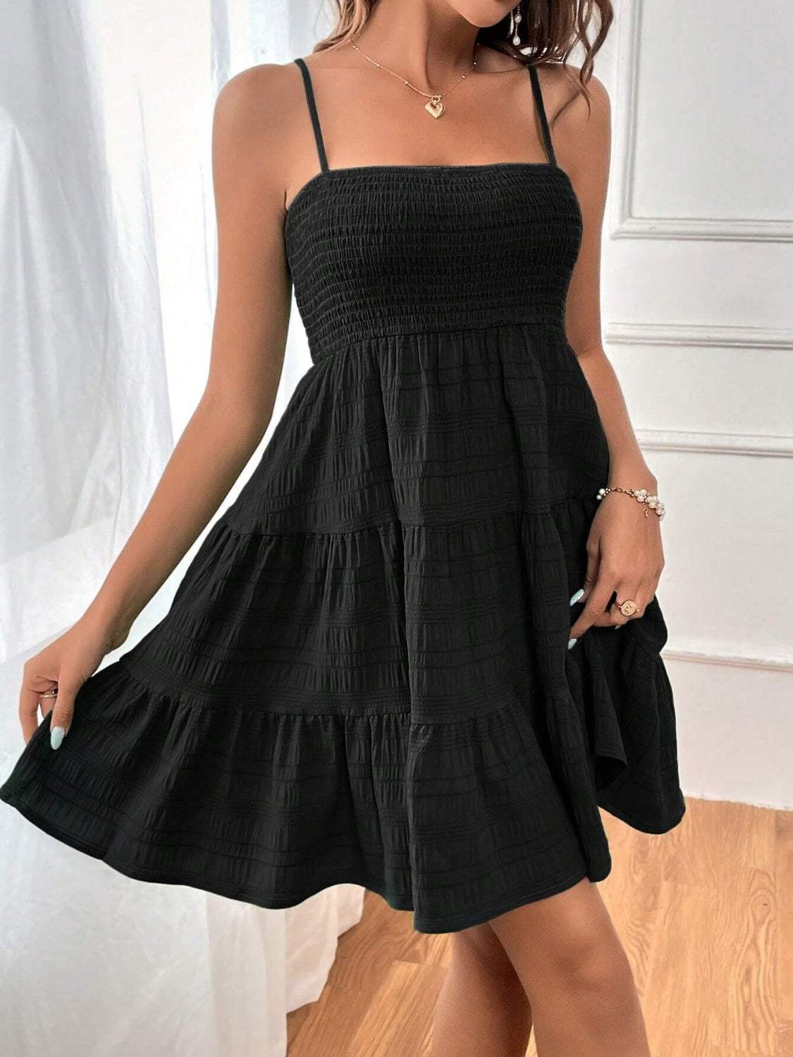 Smocked Tiered Sleeveless Mini Dress - Trendsi - Flyclothing LLC