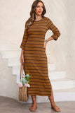 Slit Striped Round Neck Midi Dress - Trendsi - Flyclothing LLC