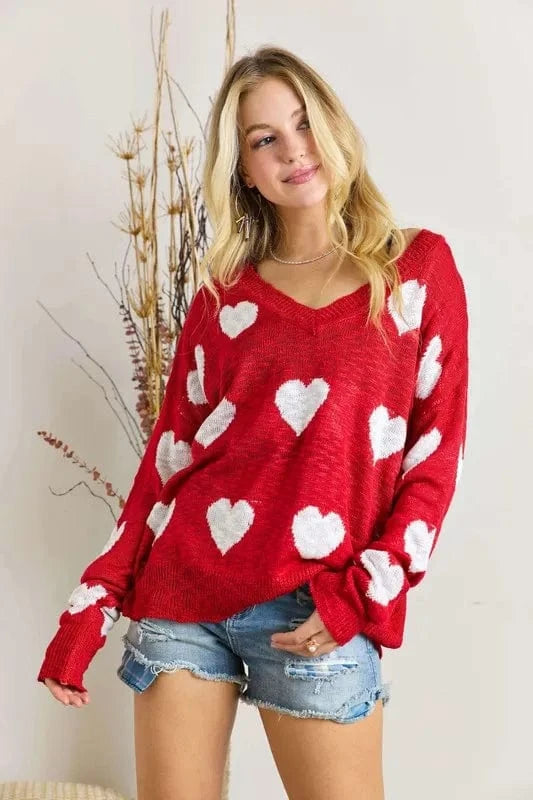 ADORA Full Size Heart V-Neck Knit Top Plus Size - Trendsi