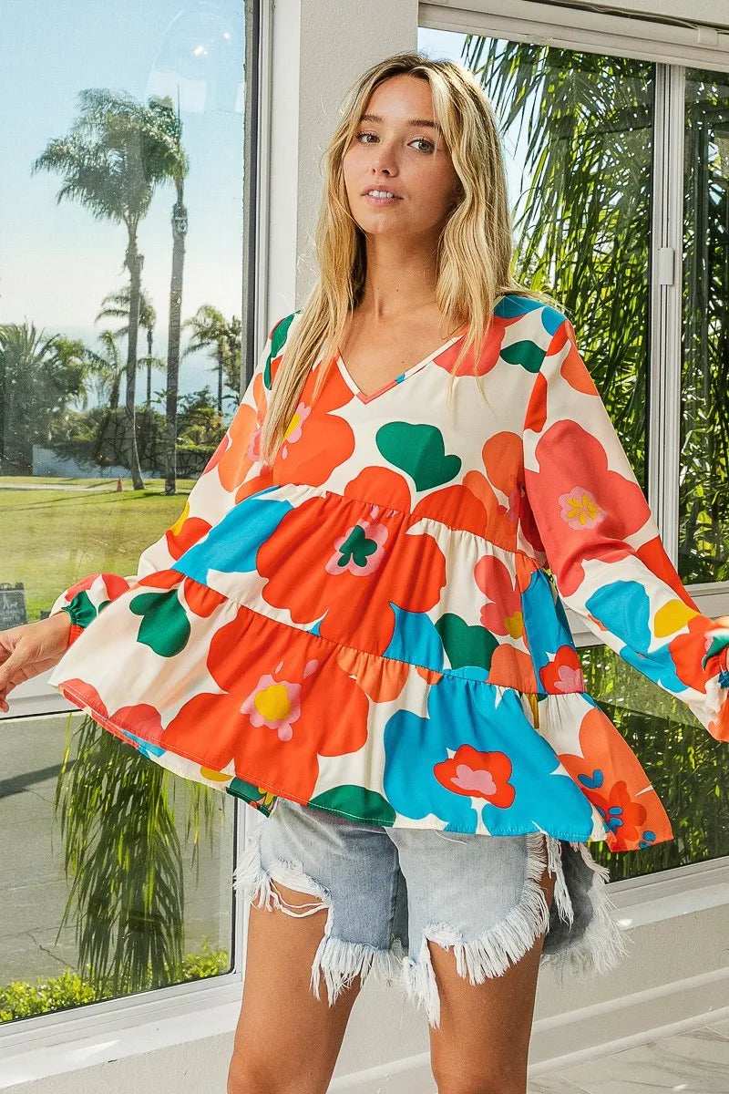 BiBi Floral Woven Tiered V Neck Top - Trendsi - Flyclothing LLC