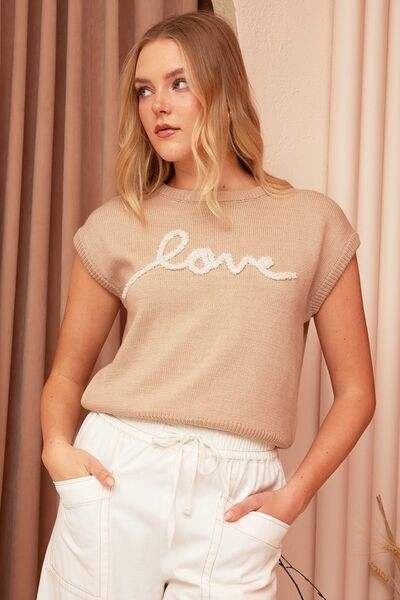 Mittoshop Contrast Letter Round Neck Cap Sleeve Knit Top - Trendsi - Flyclothing LLC