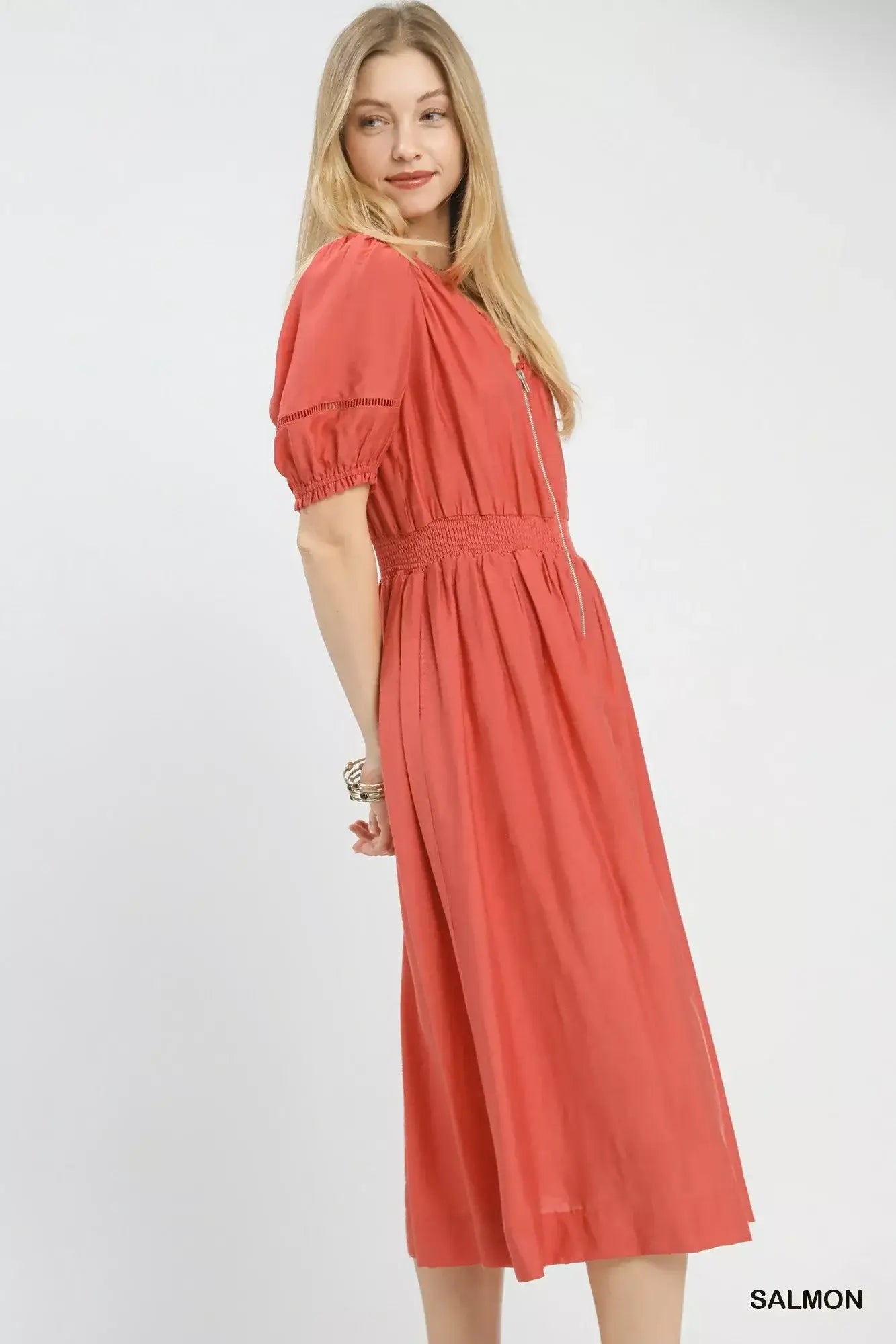 Umgee Zip-Front Smocked Waist Midi Dress - Trendsi - Flyclothing LLC