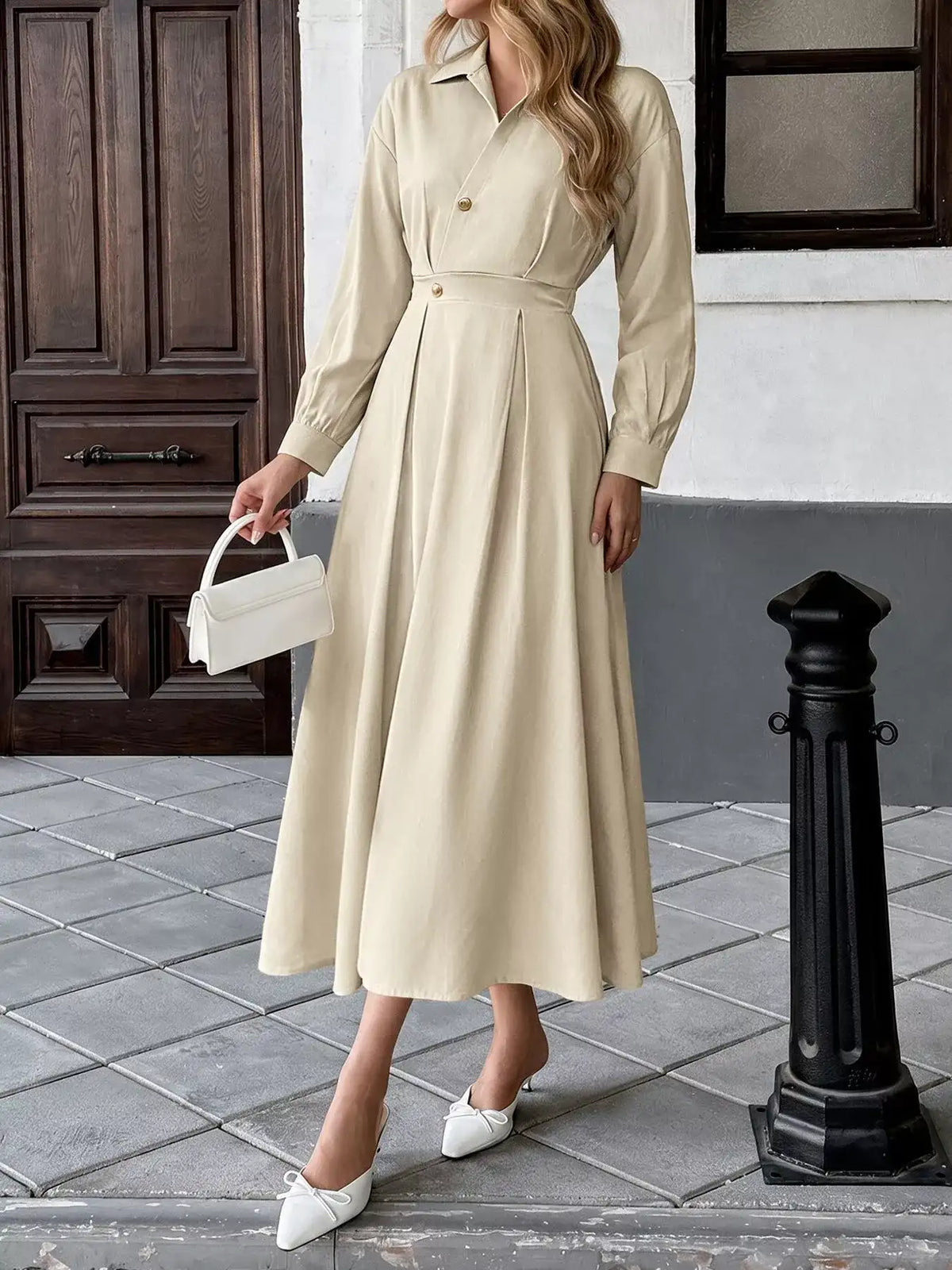 Pleated Button Detail Long Sleeve Shirt Dress - Trendsi - Flyclothing LLC