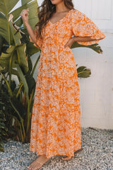 Floral Print Smocked V Neck Wide Sleeve Maxi Dress - Trendsi - Flyclothing LLC