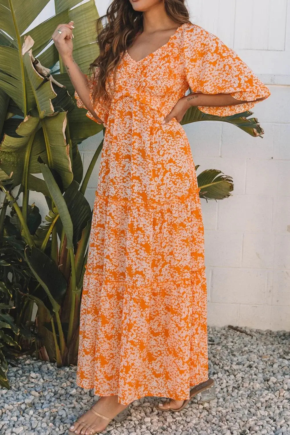 Floral Print Smocked V Neck Wide Sleeve Maxi Dress - Trendsi - Flyclothing LLC