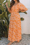 Floral Print Smocked V Neck Wide Sleeve Maxi Dress - Trendsi - Flyclothing LLC