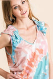 BiBi Circular Tie Dye Knit V Neck Top With Ruffle - Trendsi - Flyclothing LLC
