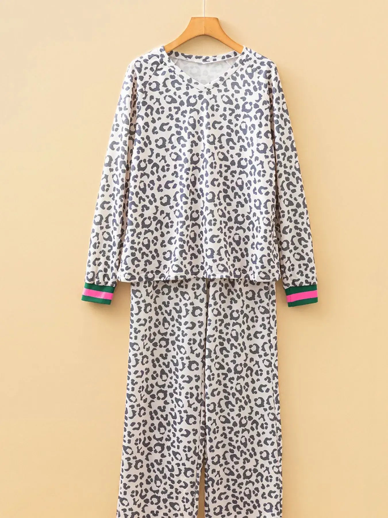 V Neck Leopard Long Sleeve Top Striped Webbing Patchwork Drawstring Pant Set - Trendsi - Flyclothing LLC