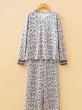 V Neck Leopard Long Sleeve Top Striped Webbing Patchwork Drawstring Pant Set - Trendsi - Flyclothing LLC