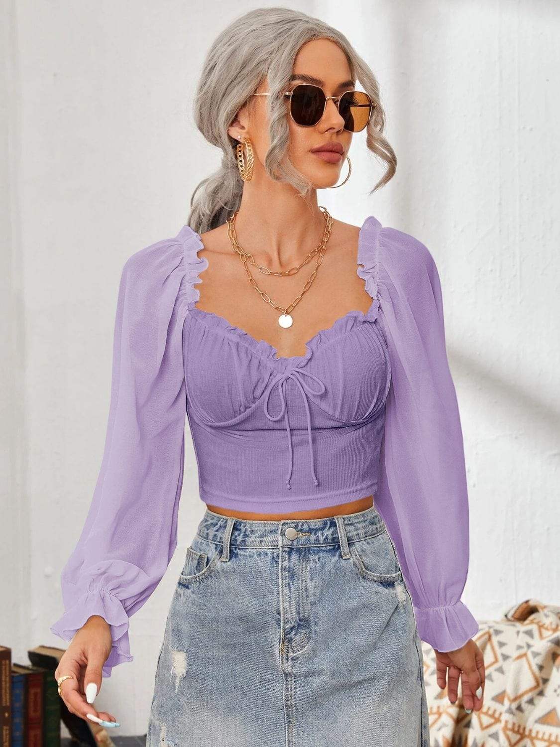 Mesh Sweetheart Neck Flounce Sleeve Top - Trendsi - Flyclothing LLC