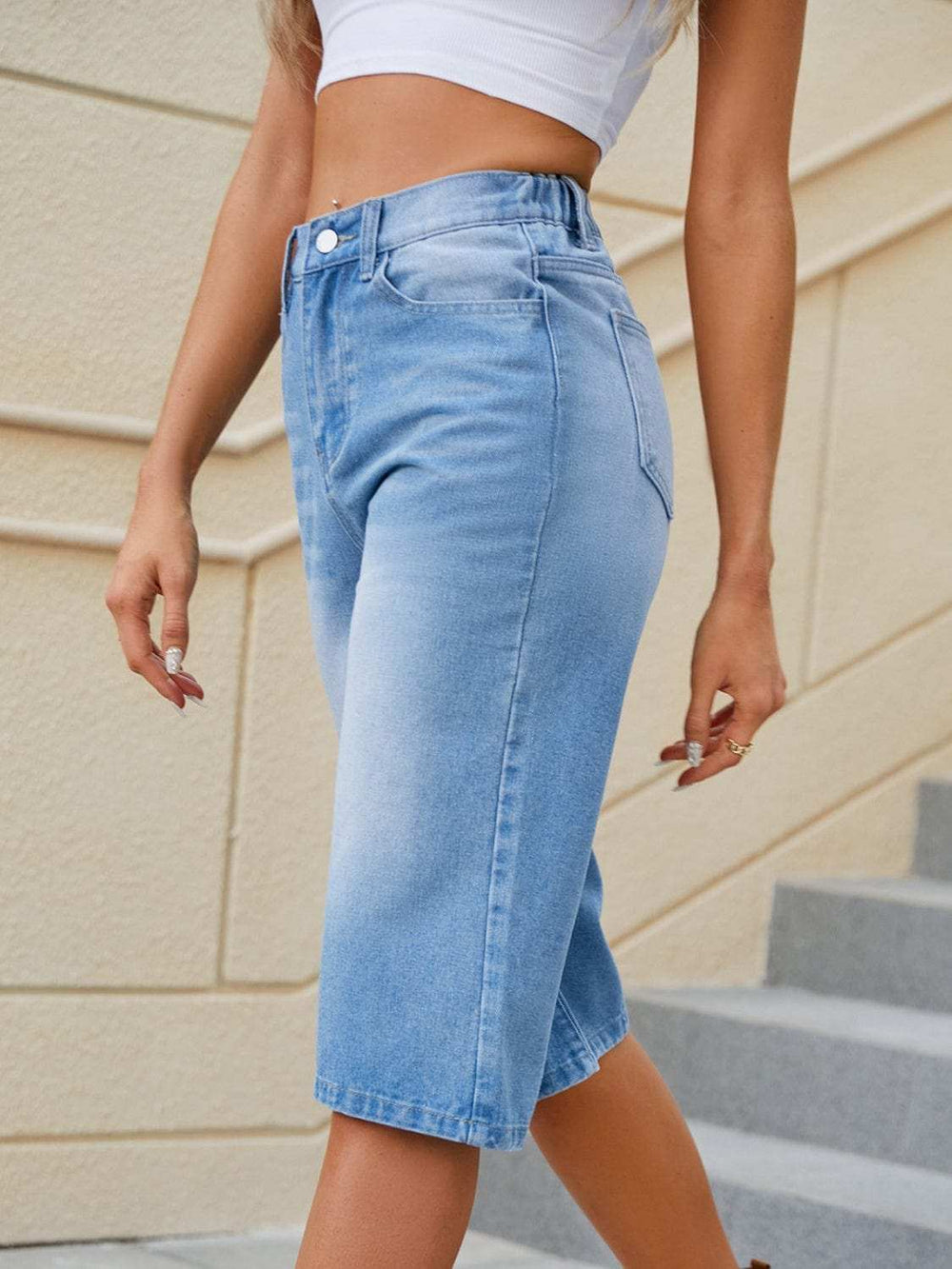 High Waist Denim Shorts with Pockets - Trendsi - Flyclothing LLC