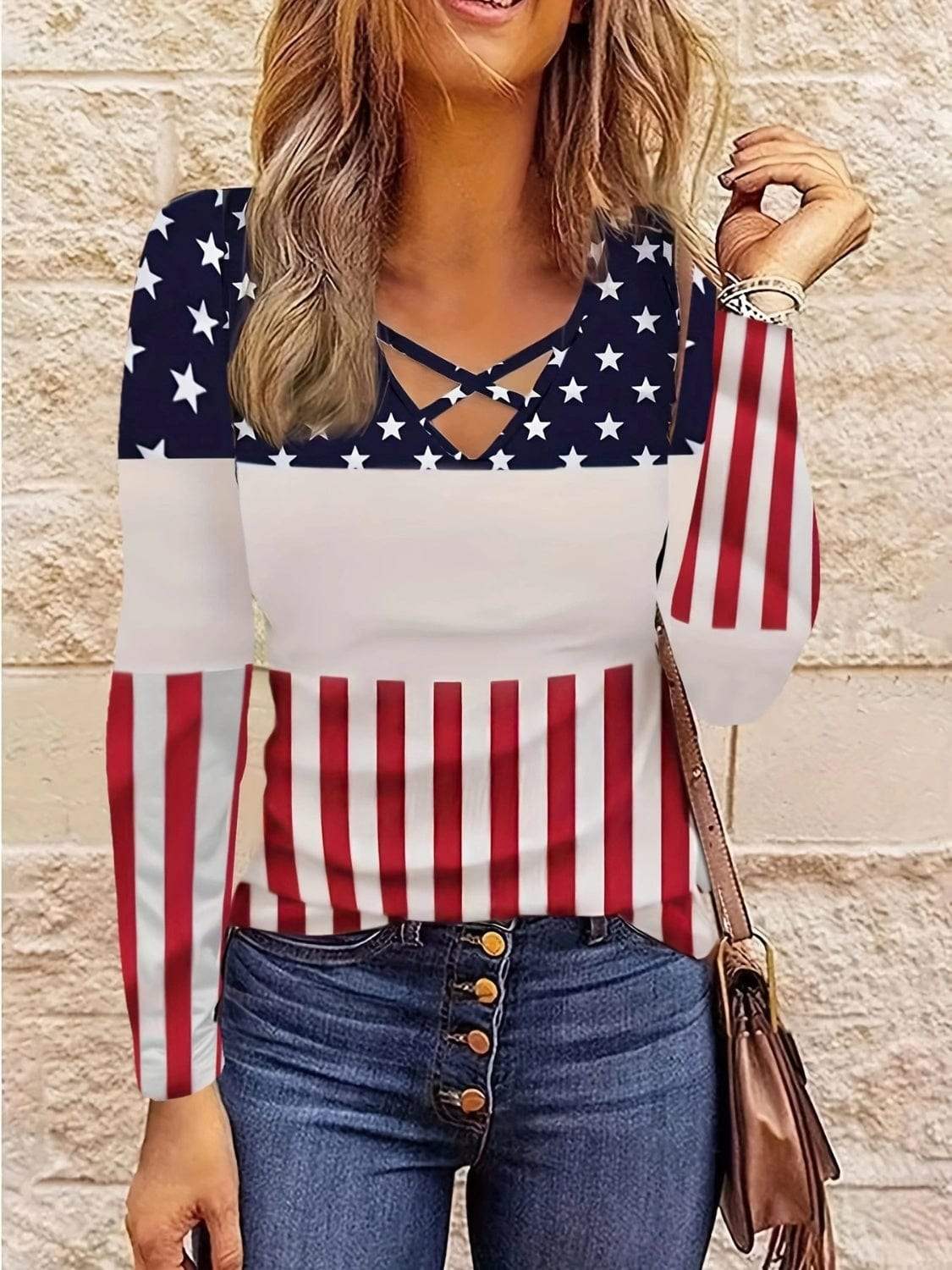 Crisscross Color Block Long Sleeve T-Shirt - Trendsi - Flyclothing LLC