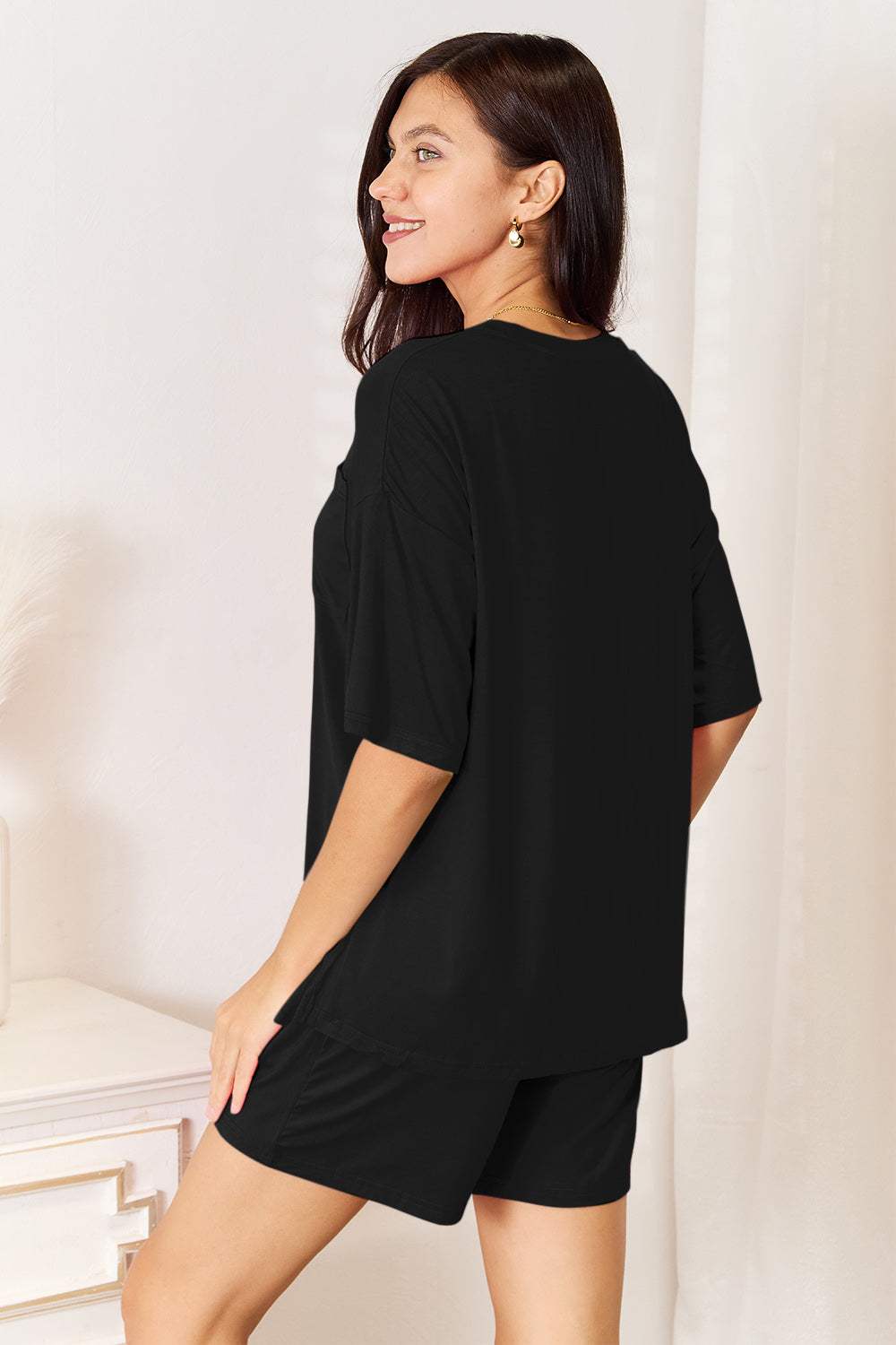 Basic Bae Bamboo Full Size Round Neck Drop Shoulder T-Shirt and Shorts Set - Trendsi - Flyclothing LLC