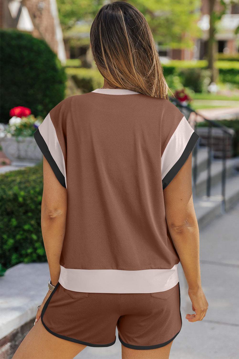 Contrast Round Neck Top and Shorts Set - Trendsi - Flyclothing LLC