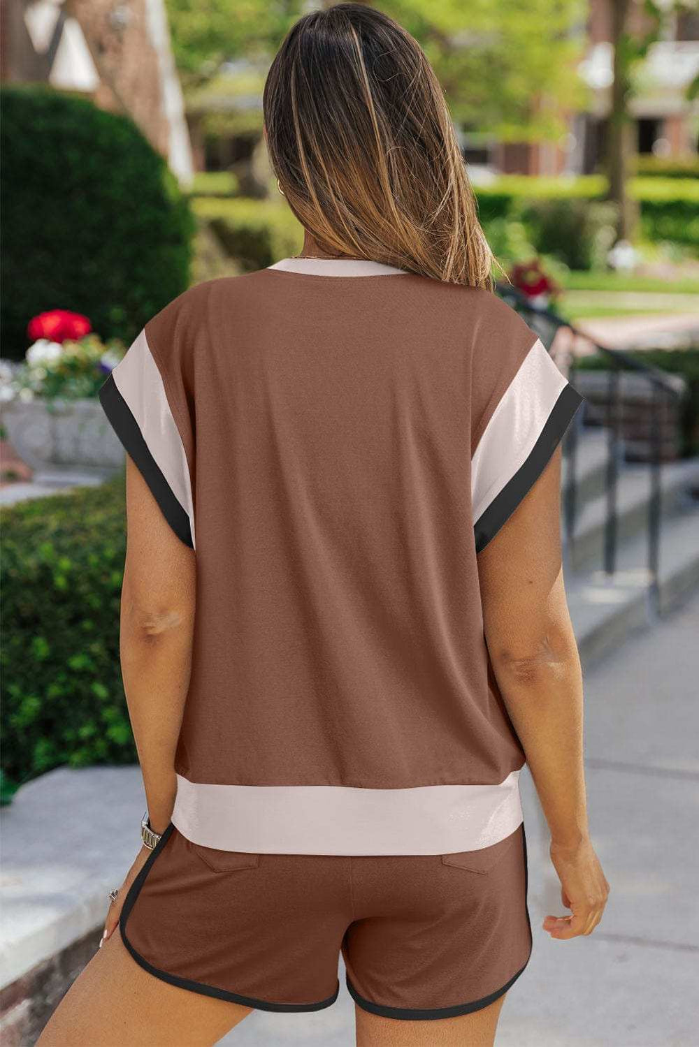 Contrast Round Neck Top and Shorts Set - Trendsi - Flyclothing LLC