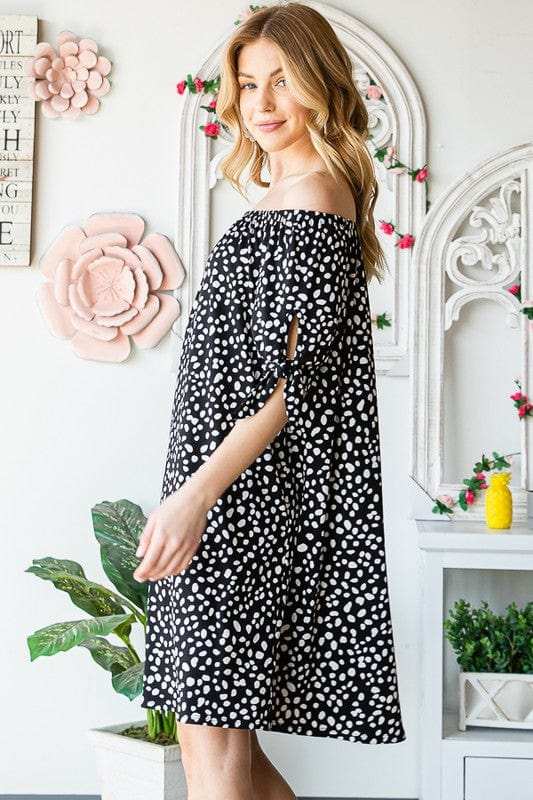 Heimish Full Size Short Sleeve Off Shoulder Animal Mini Dress Plus Size - Trendsi - Flyclothing LLC