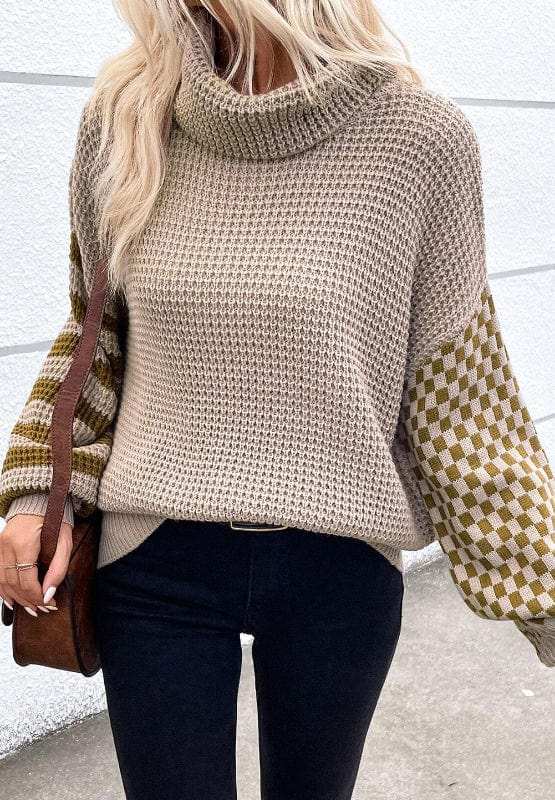 Striped & Checkered Turtleneck Dropped Shoulder Sweater - Trendsi - Flyclothing LLC