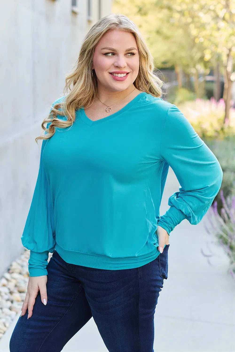 Basic Bae Full Size V-Neck Lantern Sleeve Top - Trendsi - Flyclothing LLC