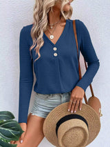 Full Size V-Neck Decor Button Long Sleeve T-Shirt Plus Size - Trendsi - Flyclothing LLC