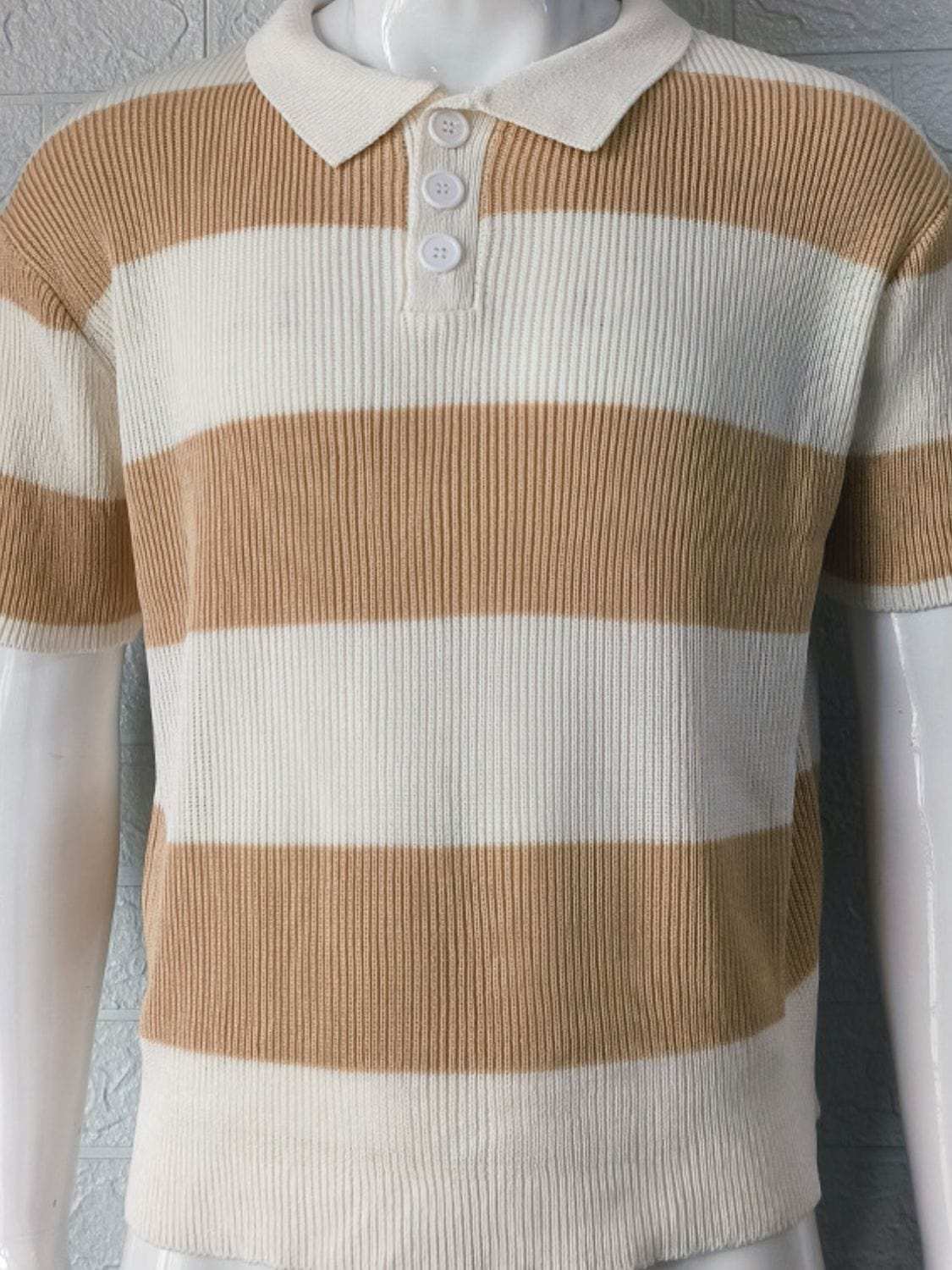 Men's Plus Size Collared Neck Striped Ribbed Knit Polo - Trendsi - Flyclothing LLC