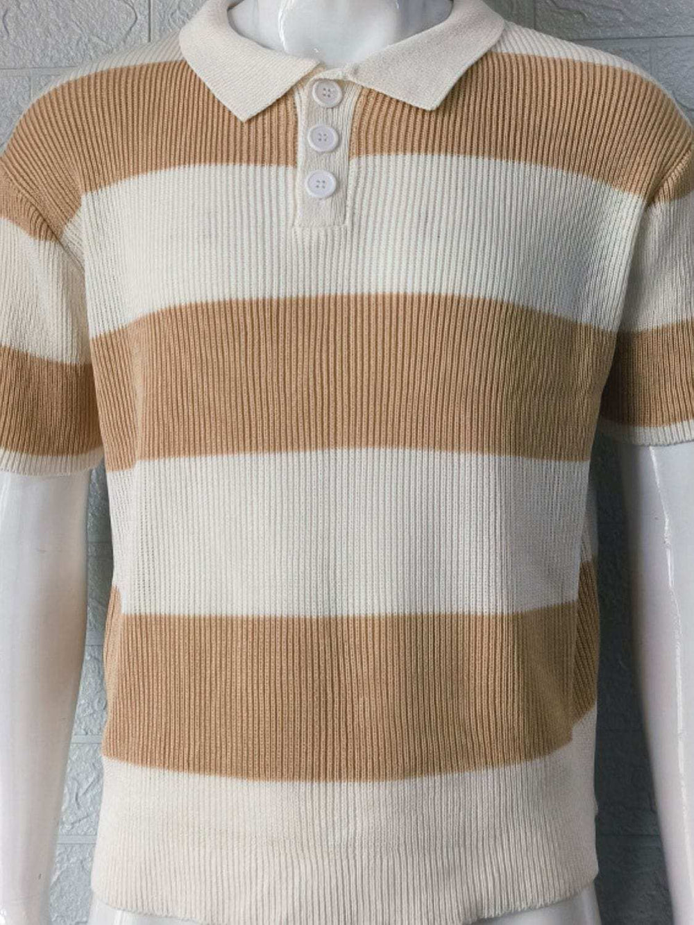 Men's Plus Size Collared Neck Striped Ribbed Knit Polo - Trendsi - Flyclothing LLC