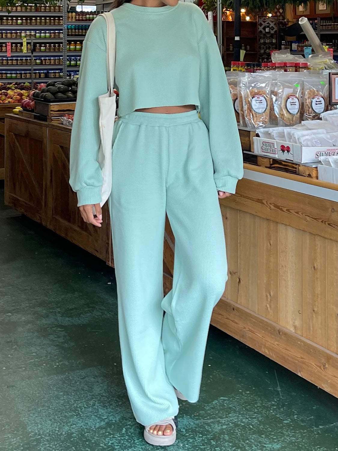 Waffle-Knit Round Neck Top and Pants Set - Trendsi - Flyclothing LLC