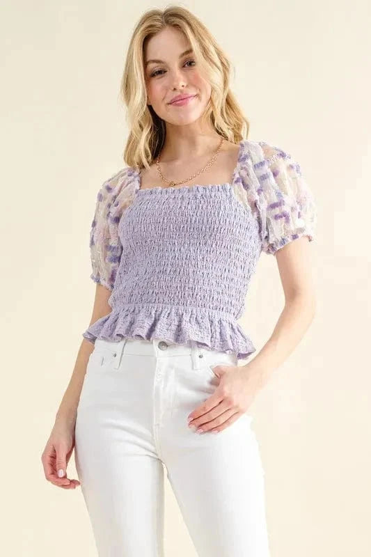 And The Why Embellishment Sleeve Smocked Top - Trendsi