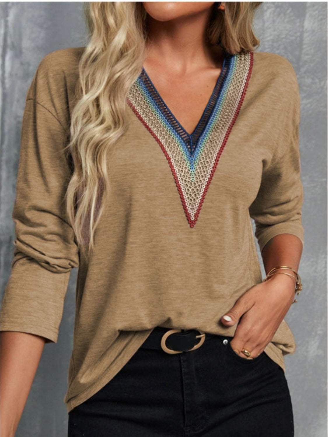 V-Neck Long Sleeve T-Shirt - Trendsi - Flyclothing LLC