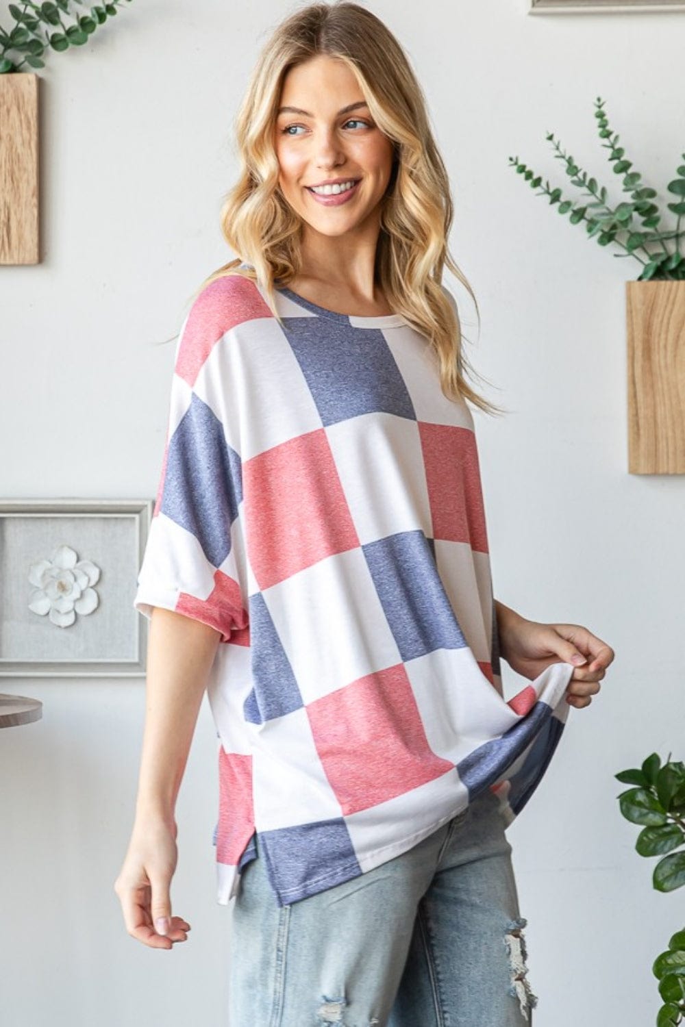 HOPELY Checkered Round Neck Half Sleeve T-Shirt - Trendsi