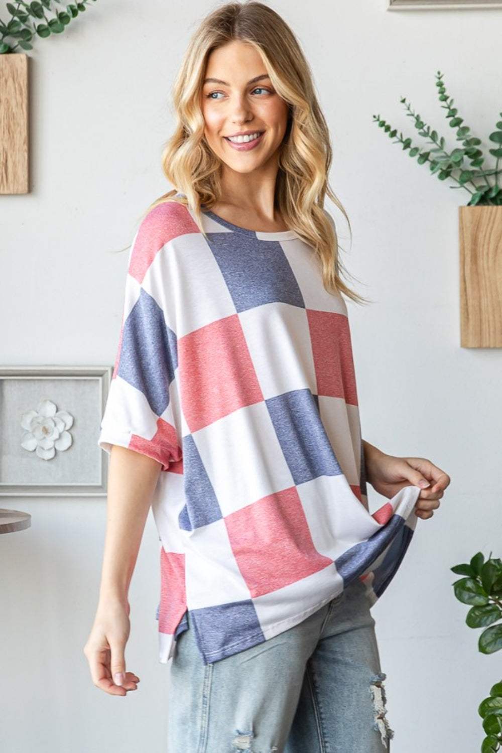 HOPELY Checkered Round Neck Half Sleeve T-Shirt - Trendsi - Flyclothing LLC