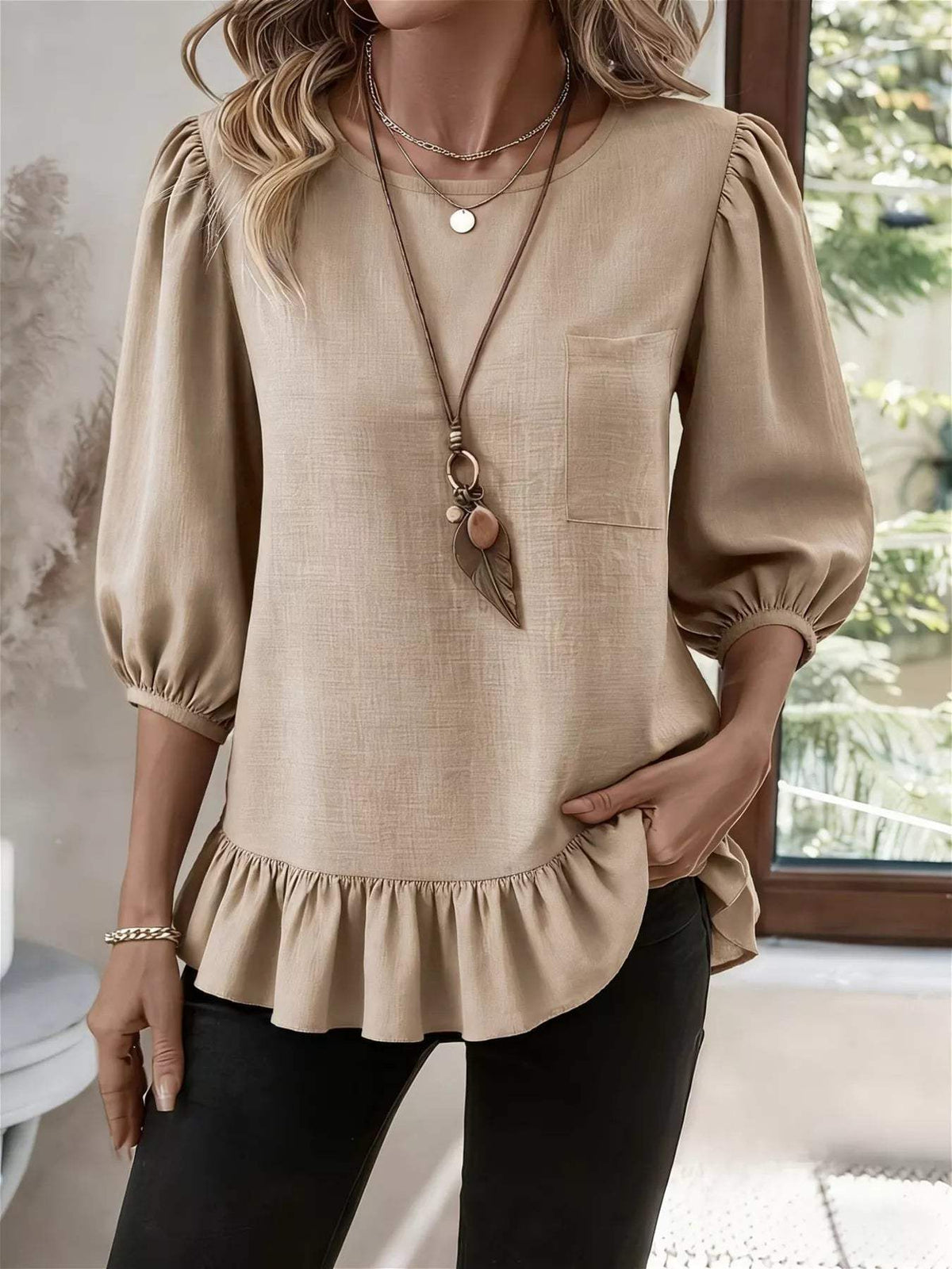 Casual Puff Sleeve Ruffle Hem Blouse - Trendsi - Flyclothing LLC