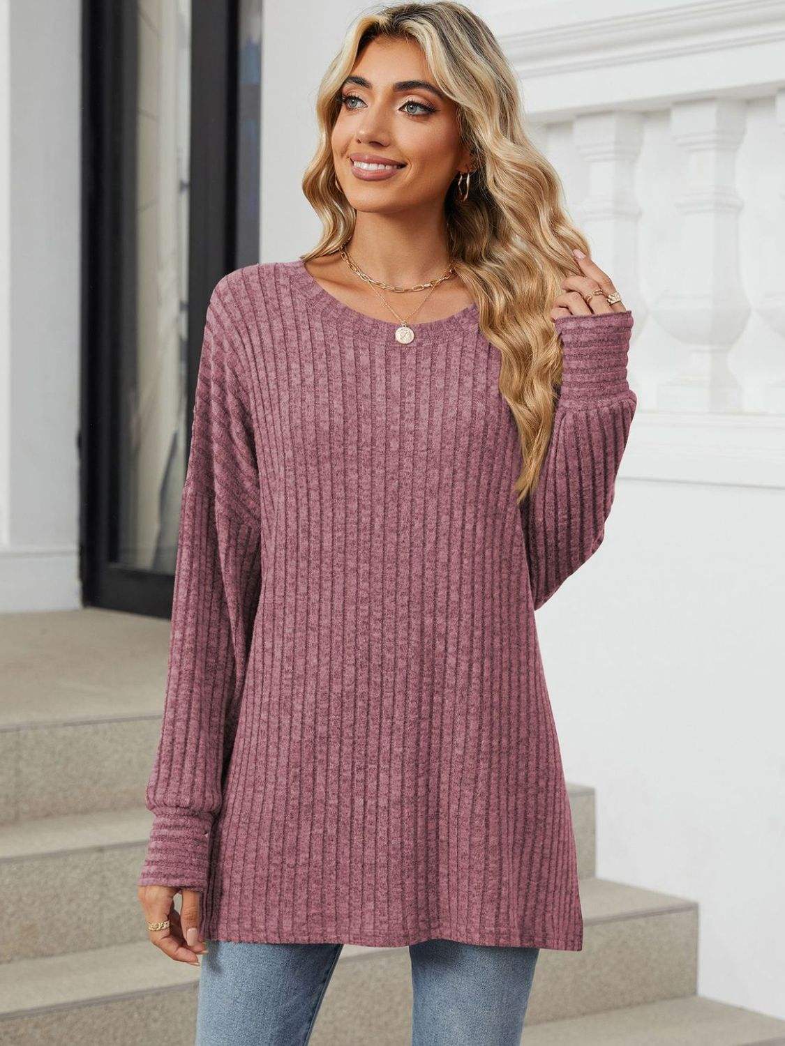 Ribbed Round Neck Long Sleeve T-Shirt - Trendsi - Flyclothing LLC