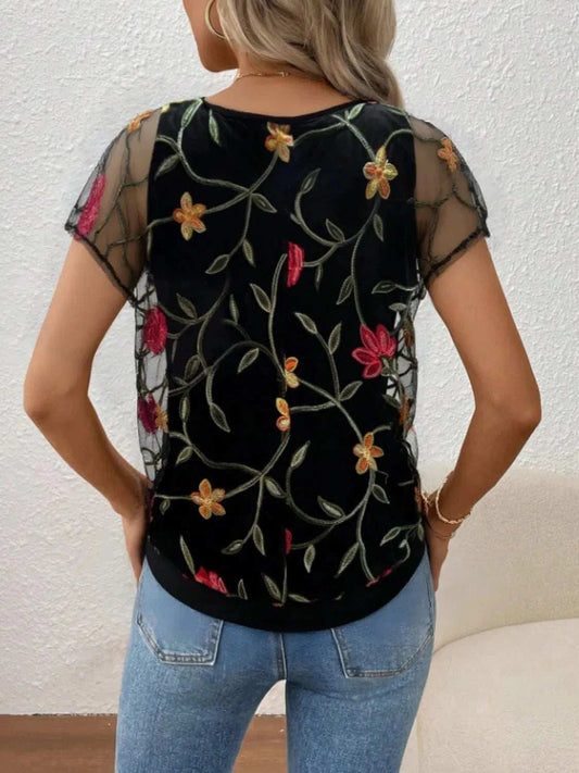 Floral Short Sleeve Sheer Top - Trendsi - Flyclothing LLC