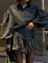 Lantern Sleeve Shirt and Ruffled Skirt Set - Trendsi - Flyclothing LLC