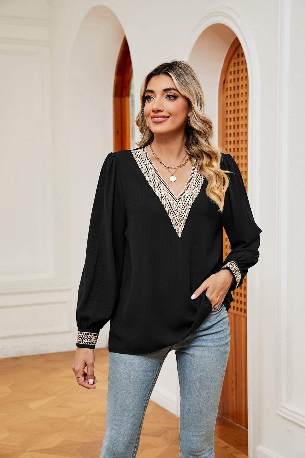 Contrast Puff Sleeve Blouse - Trendsi - Flyclothing LLC