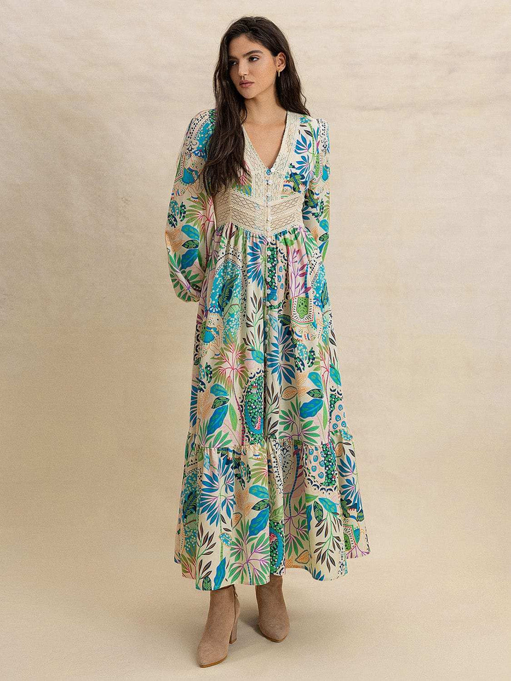 Slit Printed V-Neck Long Sleeve Midi Dress - Trendsi - Flyclothing LLC