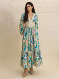 Slit Printed V-Neck Long Sleeve Midi Dress - Trendsi - Flyclothing LLC