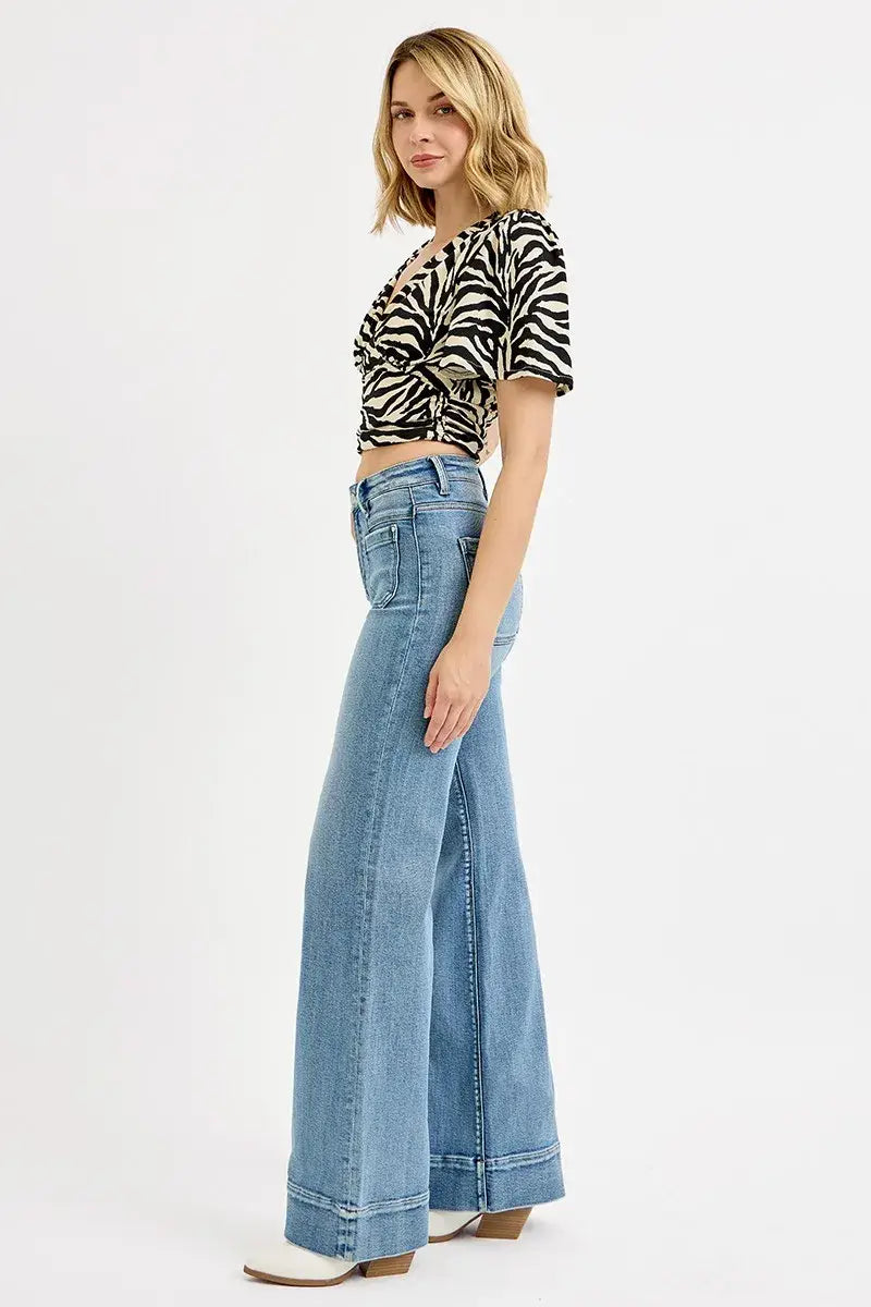 RISEN Full Size High Rise Wide Flare Patch Pocket Jeans Plus Size - Trendsi - Flyclothing LLC
