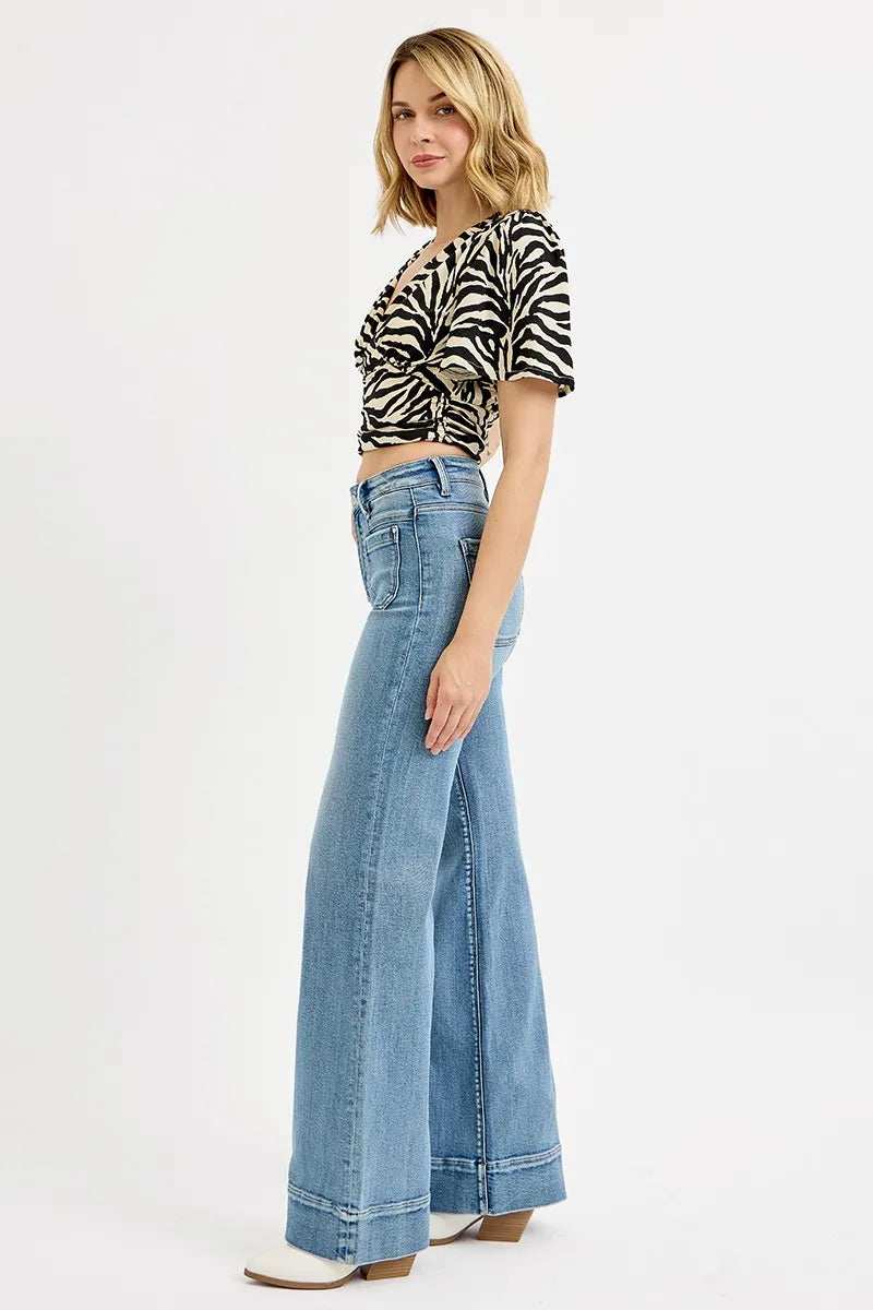 RISEN Full Size High Rise Wide Flare Patch Pocket Jeans Plus Size - Trendsi - Flyclothing LLC