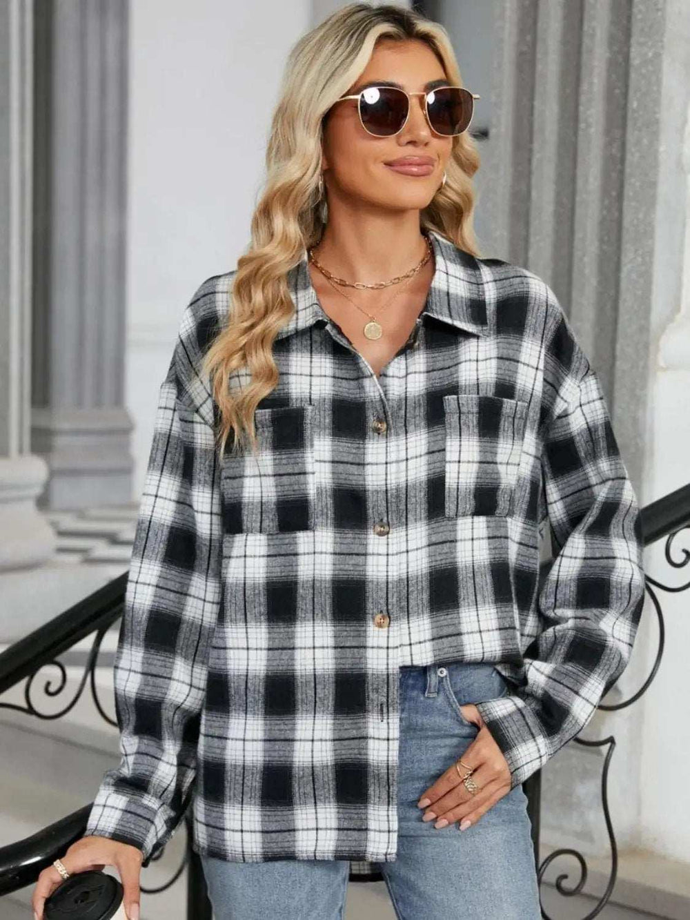 Plaid Collared Neck Long Sleeve Shirt - Trendsi - Flyclothing LLC