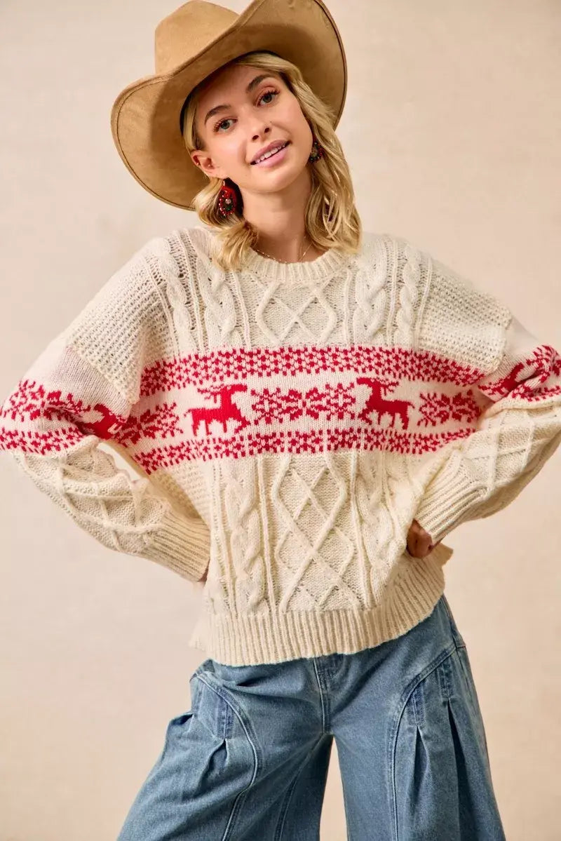 BiBi Christmas Theme Patterned Cable Knit Sweater - Trendsi - Flyclothing LLC