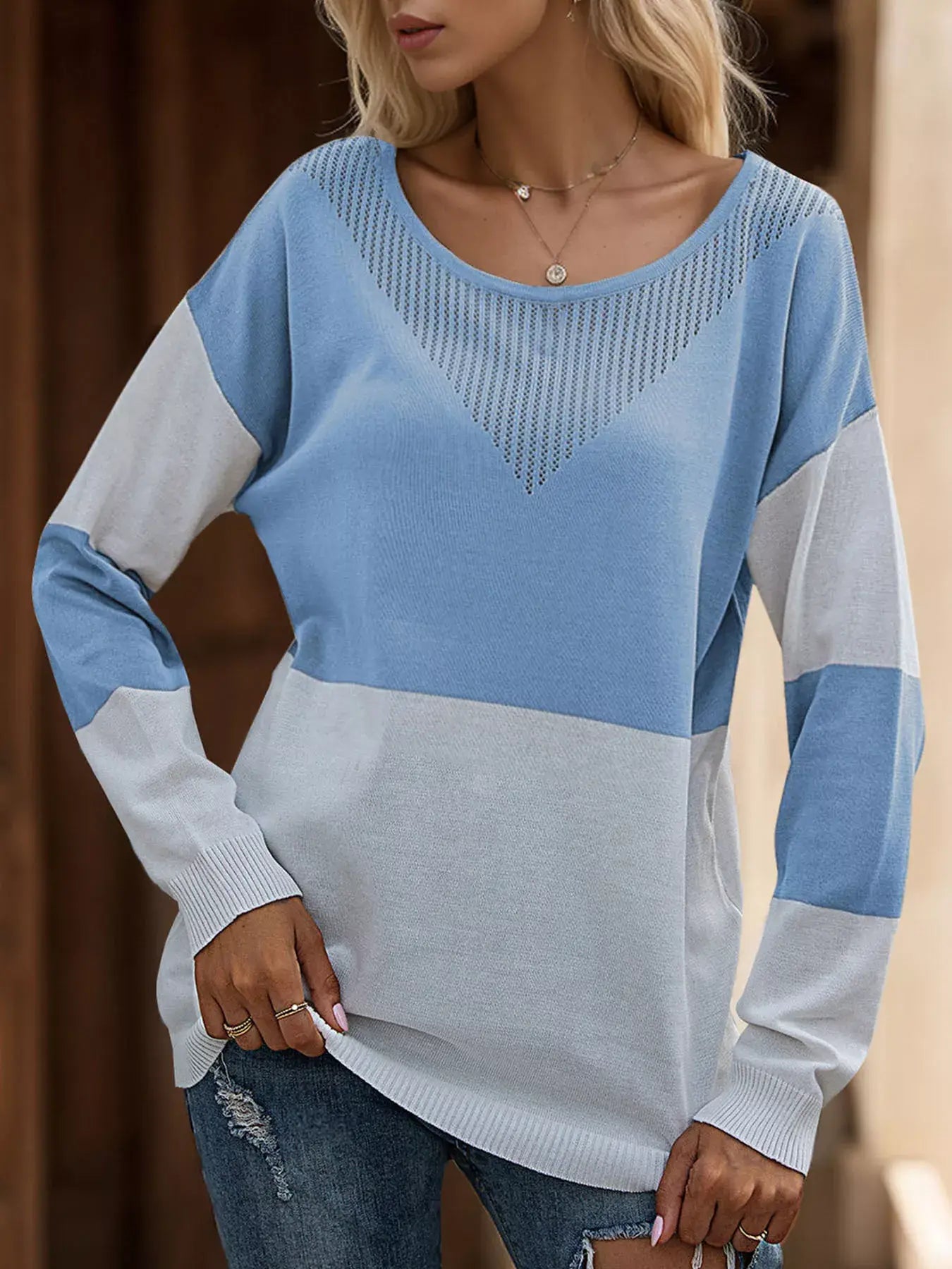 Color Block V-Neck Knit Top - Trendsi - Flyclothing LLC